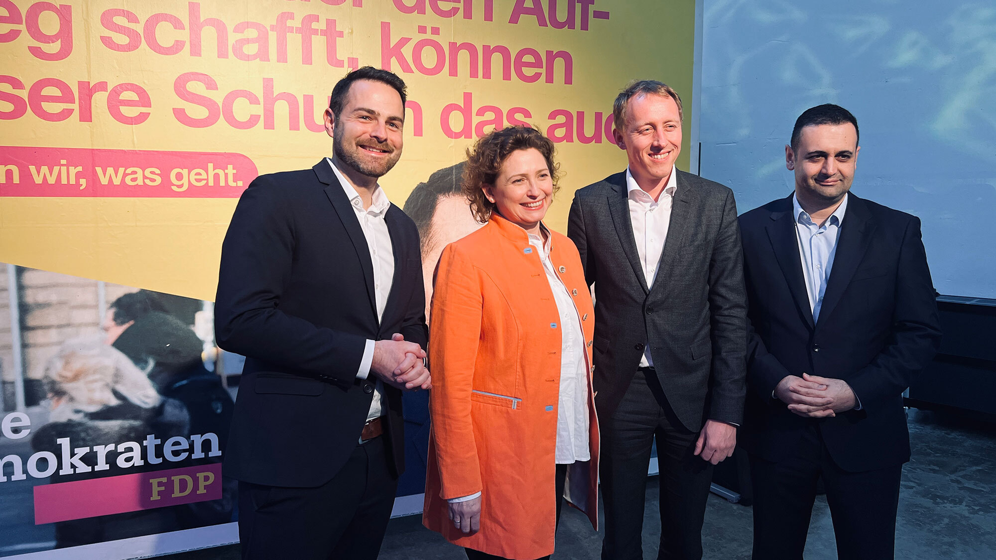 v.l.n.r.: Thore Schäck, Nicola Beer, Hauke Hilz und Bijan Djir-Sarai