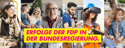 Diverse Menschen bei unterschiedlichen Tätigkeiten im Hintergrund mit Text: Erfolge der FDP in der Bundesregierung.
