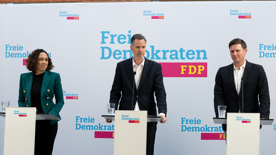 Nicole Büttner, Christian Dürr und Florian Toncar auf der Pressekonferenz. 