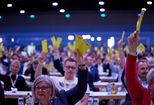 Parteitag der FDP, Delegierte halten Stimmkarten hoch