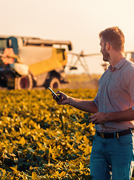 Landwirtschaft: Landwirt steht auf Feld mit Smartphone
