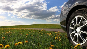 Klima: Auto auf einer Straße an Wiese mit Blumen